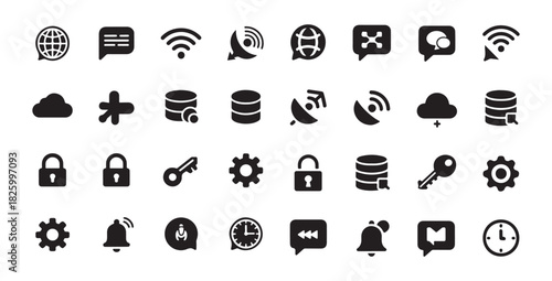 Global network and data security chat vector icons set, internet communication symbols