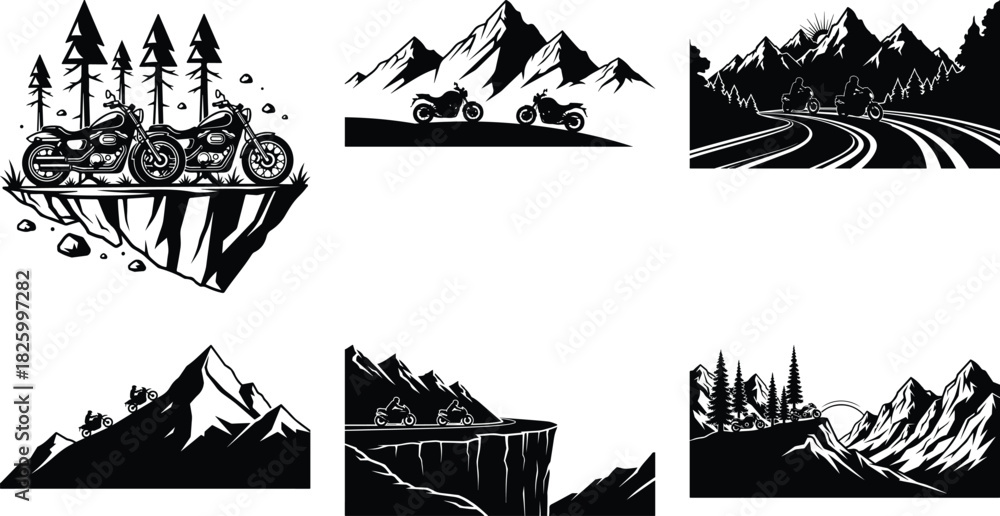 Obraz premium Motorcycle Mountain Adventure Silhouette – Bikers, Pines & Rugged Peaks