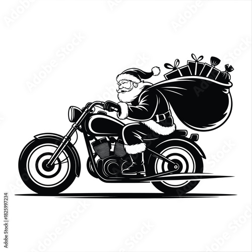 Santa claus riding a vintage motorcycle with gift bag in bold Christmas silhouette vector artwork, Ideal for holiday branding, festive merchandising, winter print designs, and creative seasonal artwor