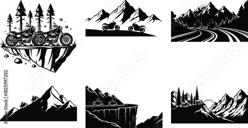 Motorcycle Mountain Adventure Silhouette – Bikers, Pines & Rugged Peaks