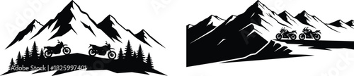 Motorcycle Mountain Adventure Silhouette – Bikers, Pines & Rugged Peaks