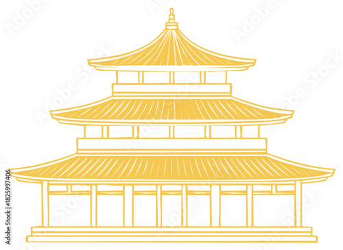Stylized yellow traditional pagoda architecture with multiple tiers and curved roofs