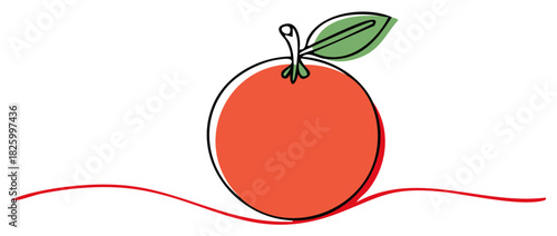 Continuous line drawing of a fresh orange fruit with a green leaf modern minimalist illustration