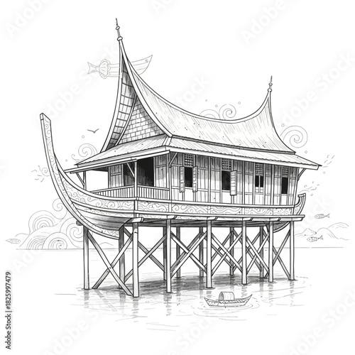 Line art depiction of a traditional Indonesian house on stilts over water