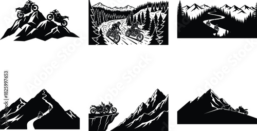 Motorcycle Mountain Adventure Silhouette – Bikers, Pines & Rugged Peaks