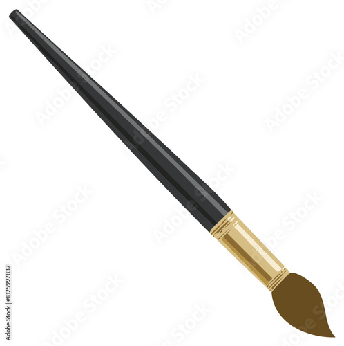 Isolated illustration of a paintbrush with black handle, gold ferrule, and brown bristles.