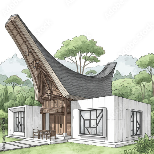 Modern interpretation of traditional architecture in a serene, natural setting