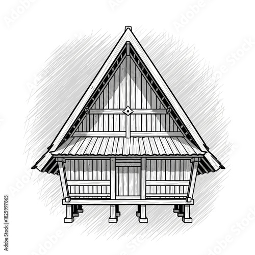 Monochrome illustration of a traditional stilt house architectural style