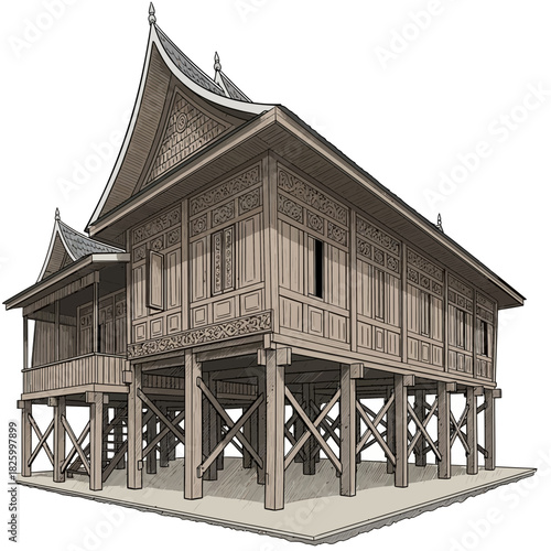 Majestic rendition of a traditional stilt house architecture design
