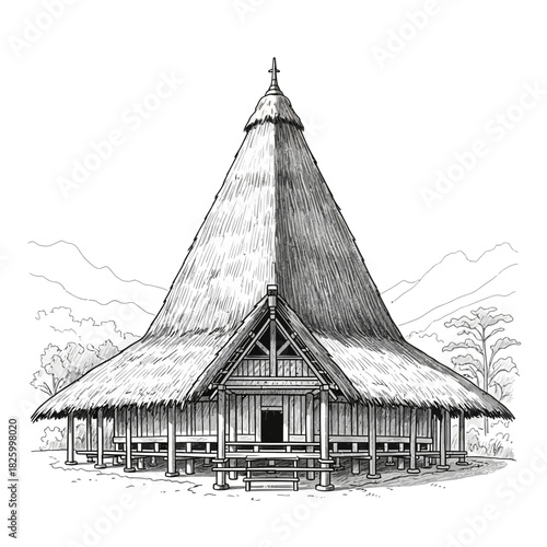 Sketch Illustration of Traditional Cone-Shaped House with Thatched Roof Amidst Nature