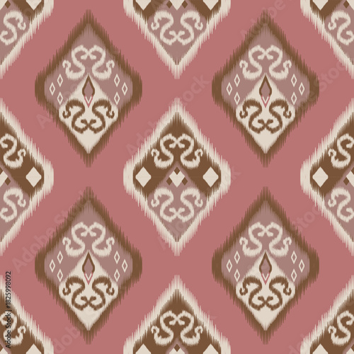 Seamless ikat pattern in warm pink and brown hues, featuring soft diamond motifs and handcrafted tribal details. Perfect for fabrics, wallpapers, packaging, and digital art.