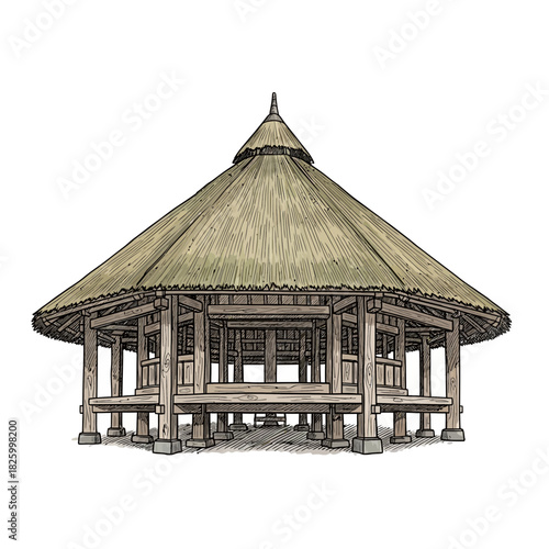 Stylized Illustration of a Traditional Thatched Roof Structure with Wooden Frame