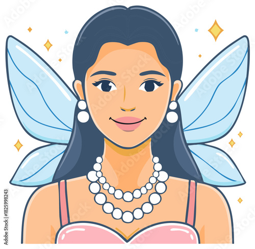 Beautiful woman with delicate blue fairy wings and pearl necklace sparkles