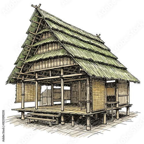 Stylized illustration of traditional bamboo house with thatched roof