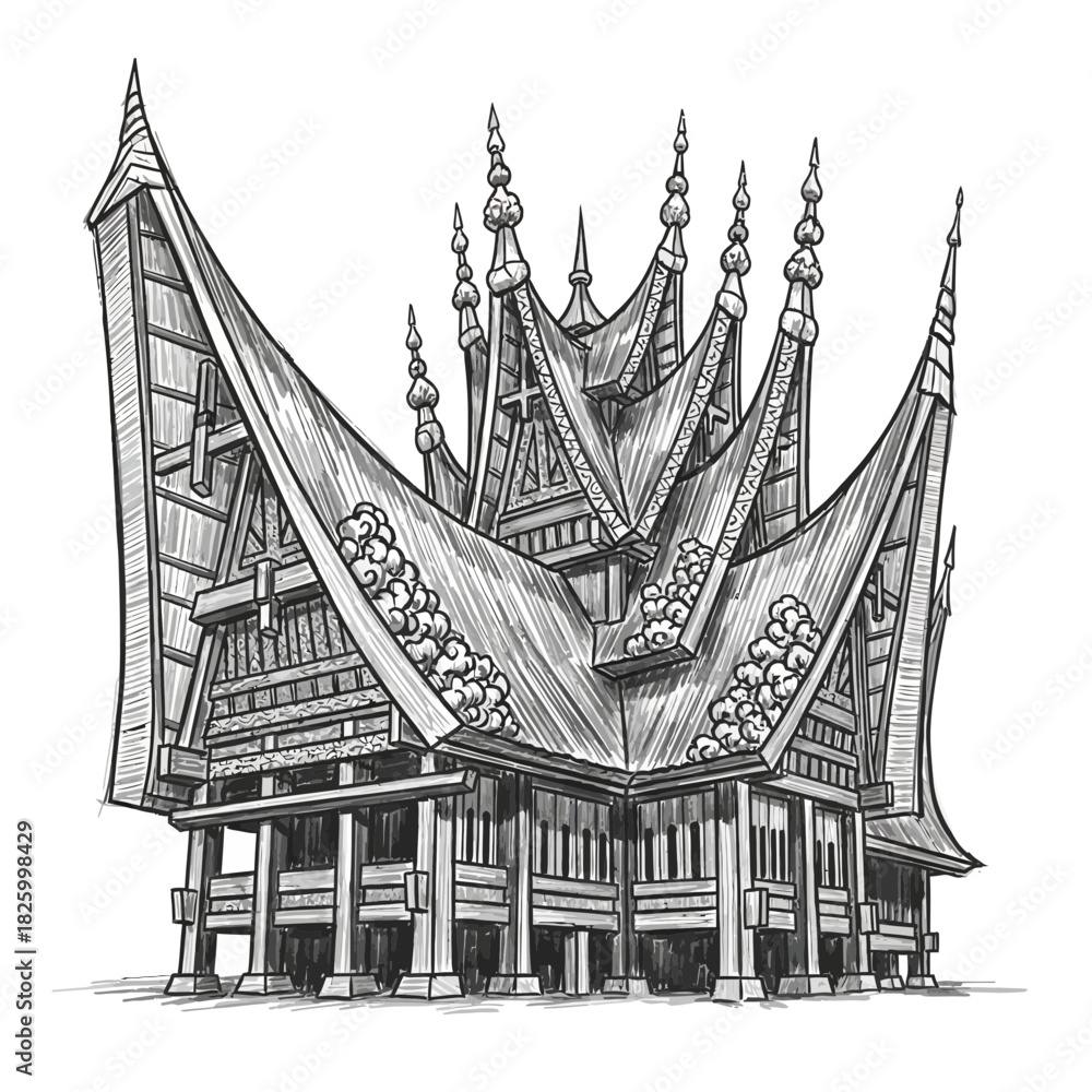 Obraz premium Toraja traditional house illustration showcasing heritage architectural design