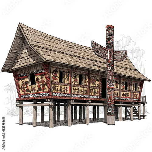 Traditional Toraja House illustration with intricately carved decoration panels