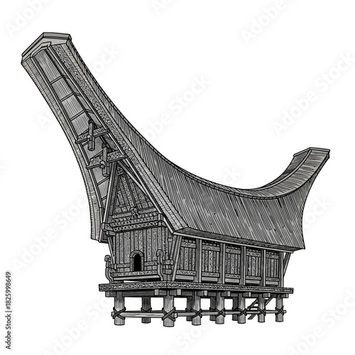 Traditional Toraja House Graphic Illustration, Architectural Heritage