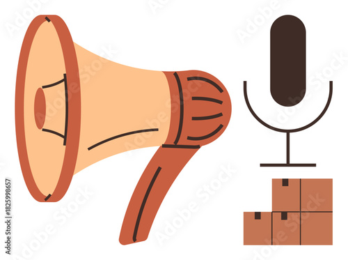 Large megaphone next to a microphone and stacked boxes. Ideal for messaging, broadcasting, logistics, public speaking, podcasting, marketing, and announcements. Bold and simple flat metaphor