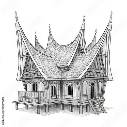 Traditional Indonesian Architecture: Rumah Gadang Hand-Drawn Detailed Illustration