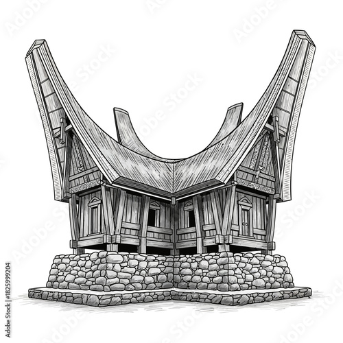 Toraja House Sketch: A Detailed Architectural Illustration of Traditional Indonesian Building