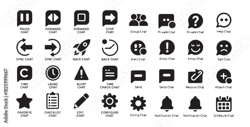 Comprehensive chat icon set for diverse communication actions and messaging features
