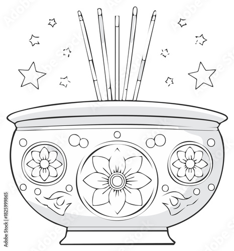 Stylized incense burner with burning sticks and decorative flowers