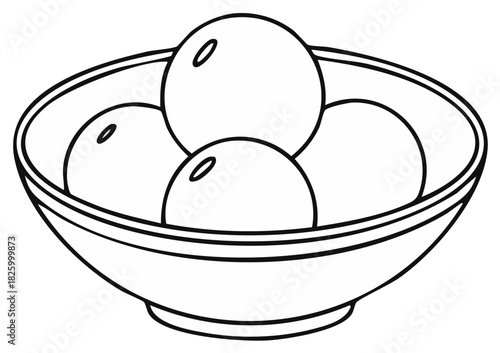 Stylized Bowl with Round Objects, Outline Vector Illustration, Coloring Book Design, Children's Art