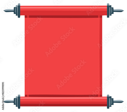Crimson red scroll with dark grey hardware on white background