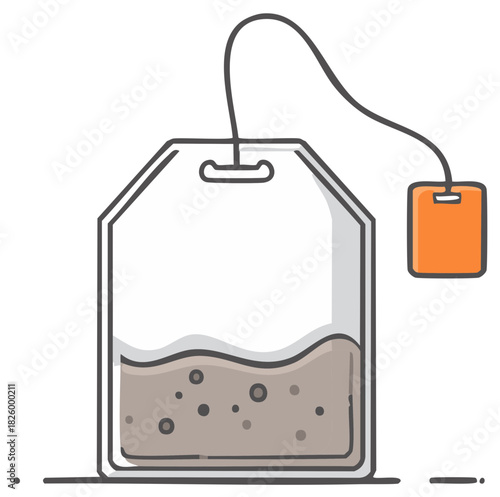 Simple line art icon of a tea bag with a string and orange tag, a minimalist beverage illustration