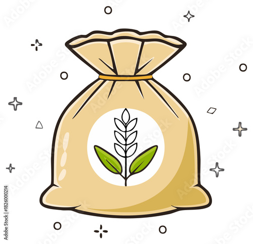 Cartoon illustration of a grain sack with plant symbol.