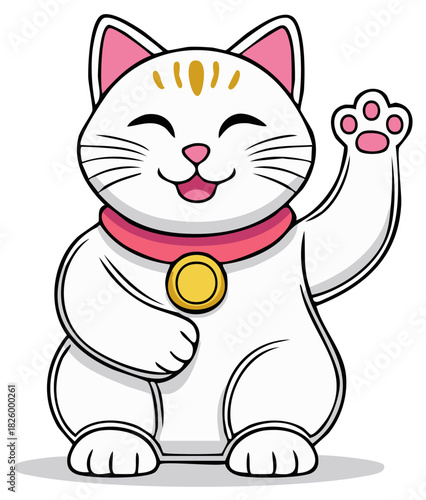 Charming Maneki Neko Welcoming Prosperity with Raised Paw and Smiling Face Cartoon Style Illustration