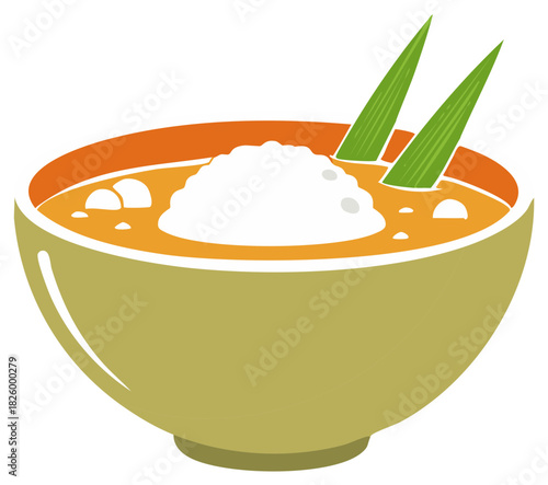 Bowl of savory curry with fluffy rice and green herb garnish a delicious meal