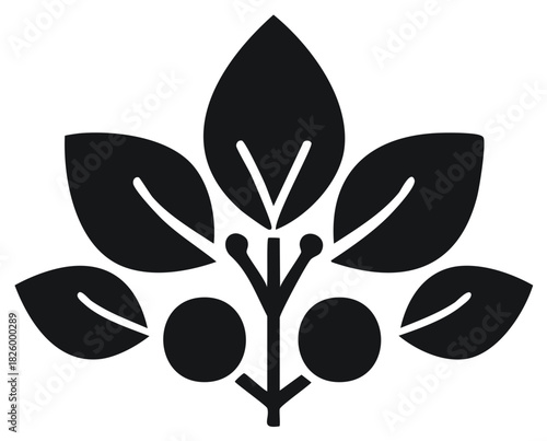 Japanese Kamon family crest with stylized bamboo leaves and berries. Black silhouette of a traditional plant emblem.