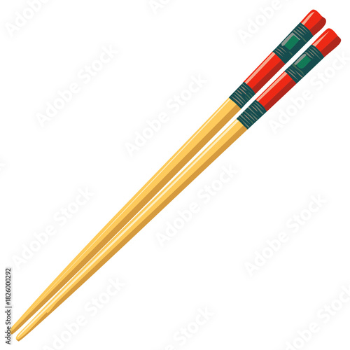 A pair of decorated bamboo chopsticks with red and green accents vector graphic
