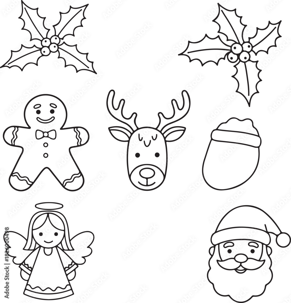 Fototapeta premium Christmas doodle set with Santa Claus reindeer and gingerbread man