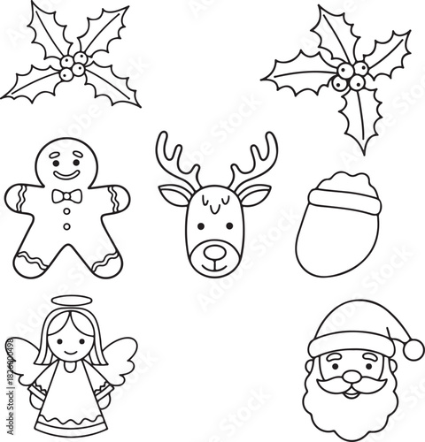 Christmas doodle set with Santa Claus reindeer and gingerbread man