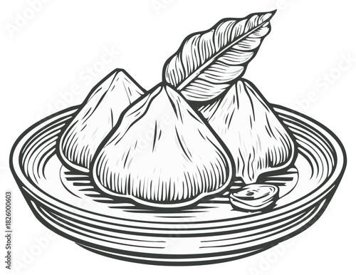 Sketch of dumplings on a decorative plate topped with a leaf. Hand-drawn food with detailed texture.