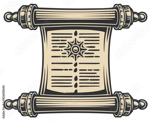 Vintage unrolled parchment scroll with ornate decorative handles and ancient sun emblem design