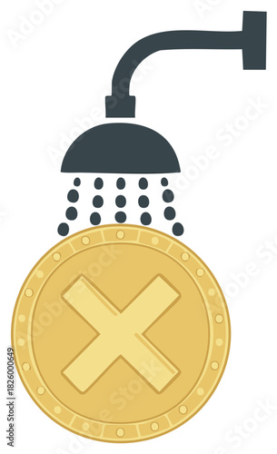 Vector illustration of a showerhead raining water onto a gold coin with an X for financial loss