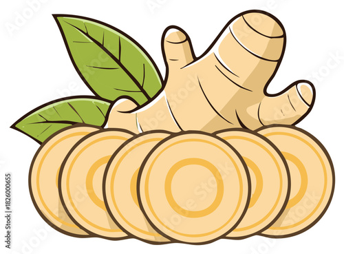 Fresh ginger root with sliced circles and green leaves delicious raw healthy food