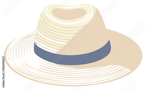 Vector illustration of a beige straw hat with blue ribbon, isolated on white background.