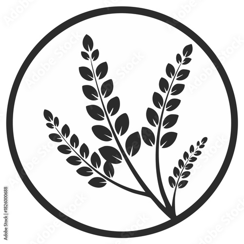 Stylized organic plant branches with numerous leaves enclosed in a bold circular icon for natural designs.