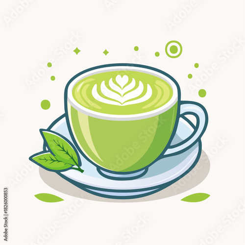 Green Matcha Tea Beverage in a White Ceramic Cup with Latte Art and Fresh Leaves on a Saucer White Background