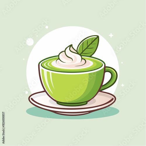 Pixel Art Matcha Latte With Whipped Cream And Mint Leaf In A Green Cup On A Saucer Against A Light Green Background