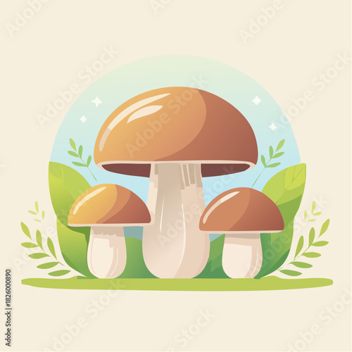 Three Brown Cap Mushrooms With Green Leaves And Twigs On A Light Orange Background With A Faint Blue Aura