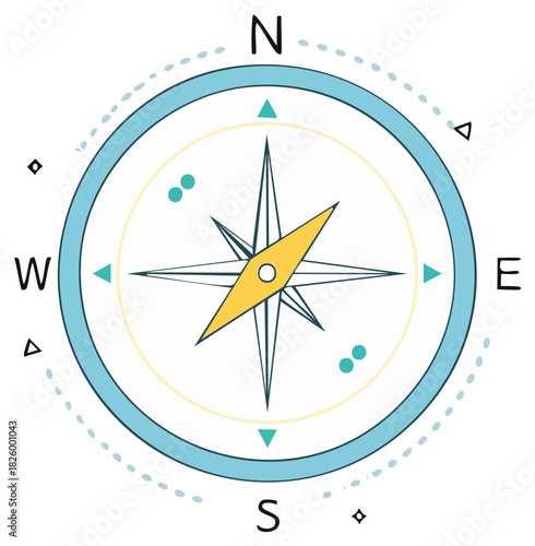 Illustration of a stylized compass with cardinal directions and decorative elements for navigation or travel purposes