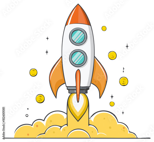 Cartoon rocket ship blasting off into space with coins and stars on white background