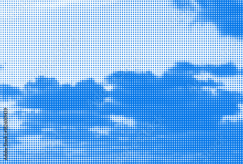 Blue sky halftone dot clouds. Vintage pop art style with dotted texture.