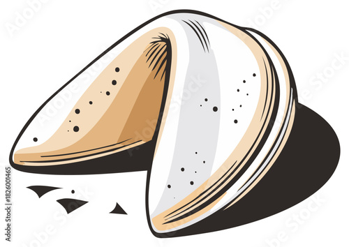 Whimsical Cartoon Illustration of a Single Fortune Cookie with Shadow and Crumbled Pieces