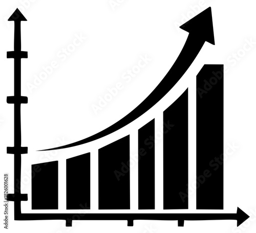 Hand-drawn bar chart showing a steady growth with an arrow moving upwards demonstrating market success